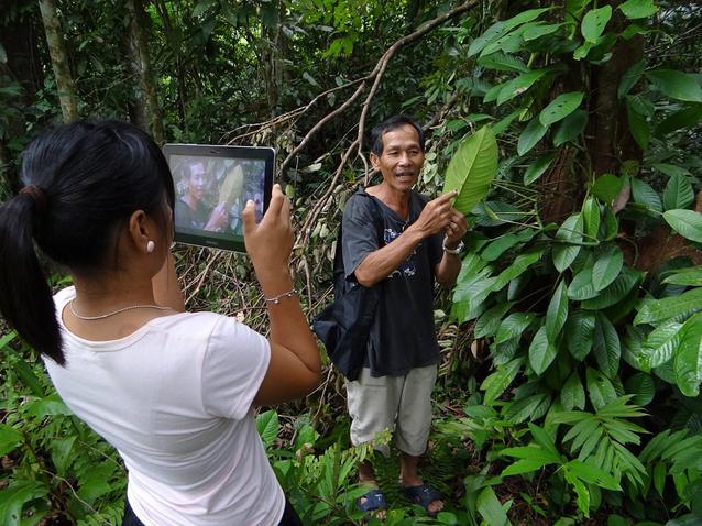 Picture shows a project member recording an indigenous community member as he demonstrates botanical knowledge.